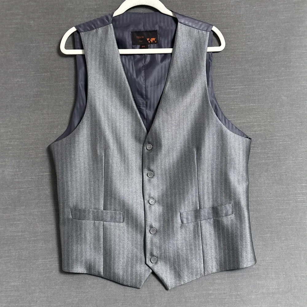 Tessori Suit 44L 43x36 Silver Herringbone 3 Piece Handmade Custom Italy Tall